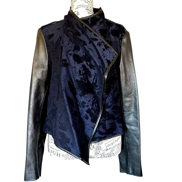Vintage 90s Size S Black Leather Floral Embroidered Velvet Open Front Jacket - Picture 1 of 11